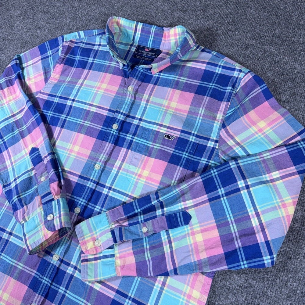 Vineyard Vines Slim Fit Tucker Shirt Mens‎ Large Blue Pink Plaid Long Sleeve L